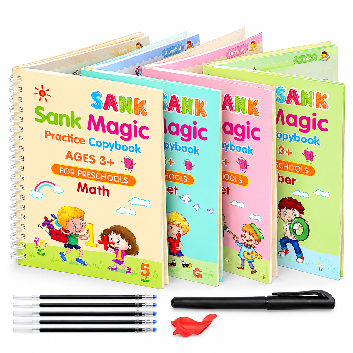 Magic Practice Copybook - 4 Books + 1 PEN +1 Grip + 10 Refill